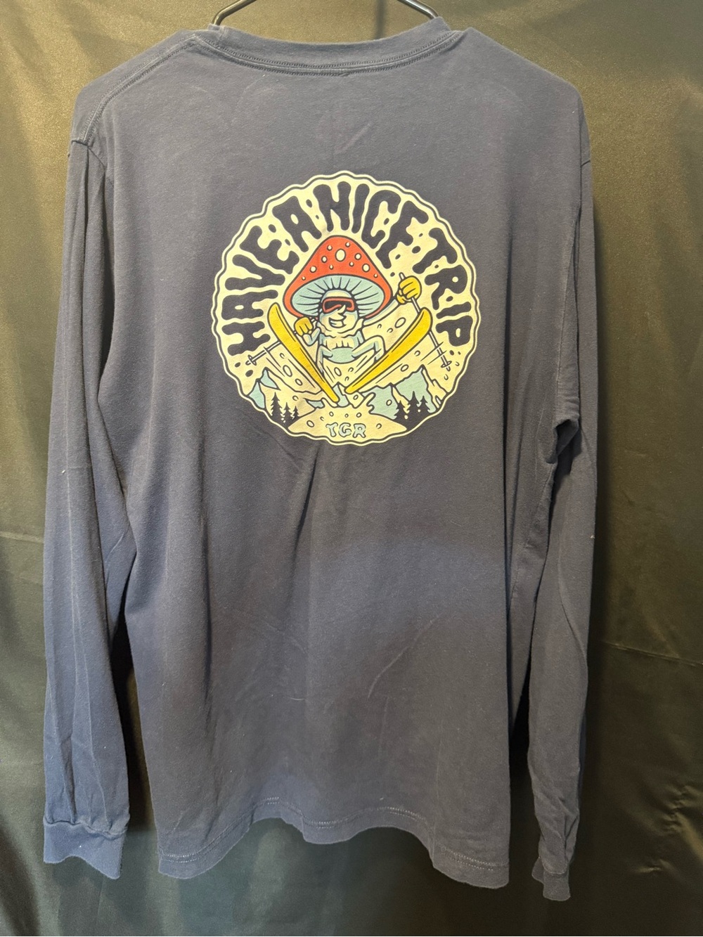 Navy Long-Sleeve Tee with Mushroom Chest Logo